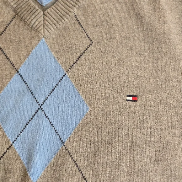 Tommy Hilfiger Men's Argyle Sweater Vest Grey with Light Blue 100% Cotton - Picture 3 of 8